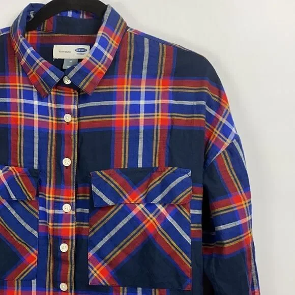 Old Navy Boy Friend Plaid Blue Blouse size Medium - Picture 3 of 5
